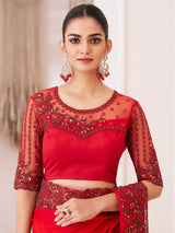 Women's Pure Chiffon Red Embellished Designer Saree With Blouse Piece