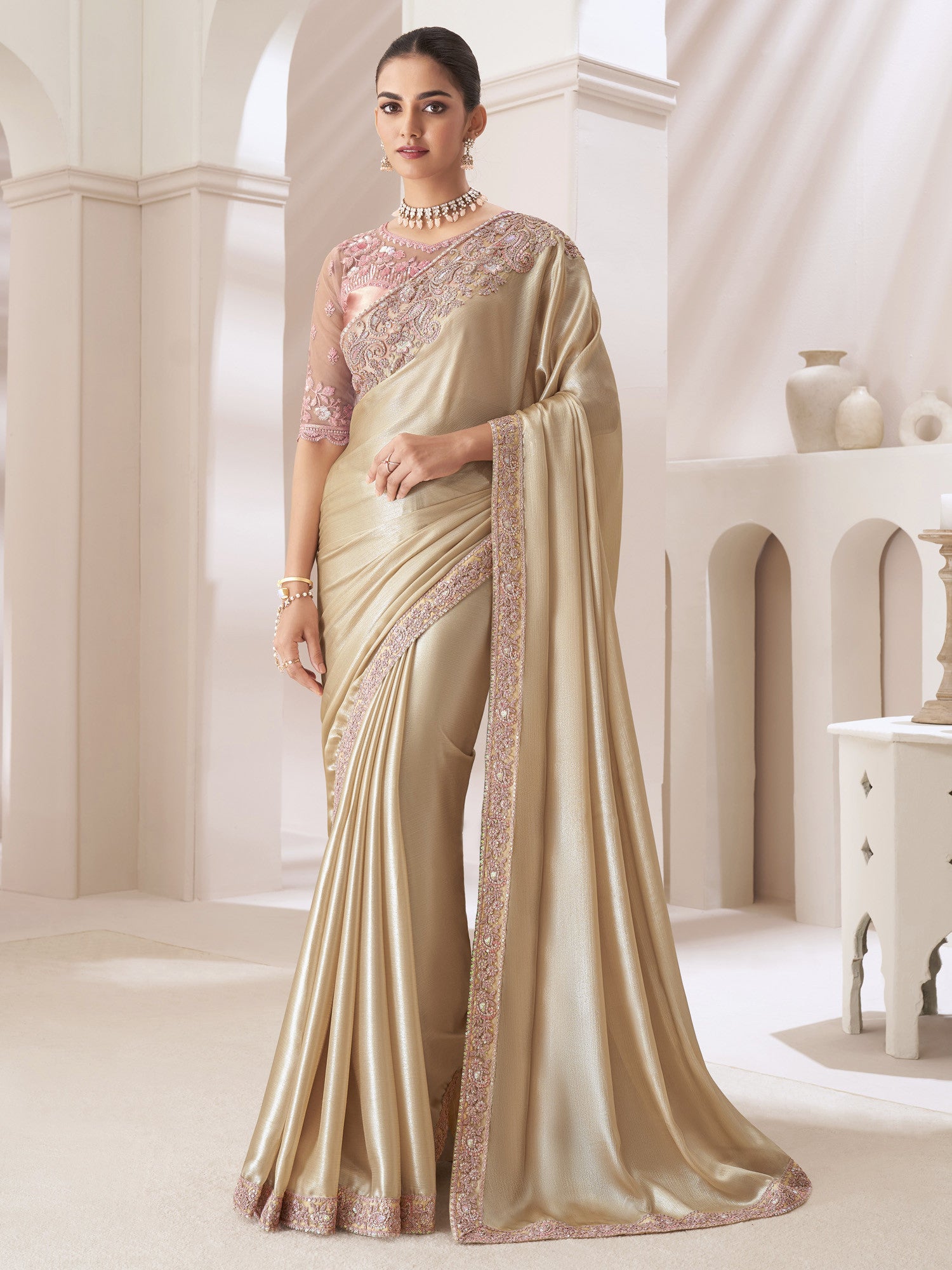 Women's Pure Chiffon White Embellished Designer Saree with Blouse Piece