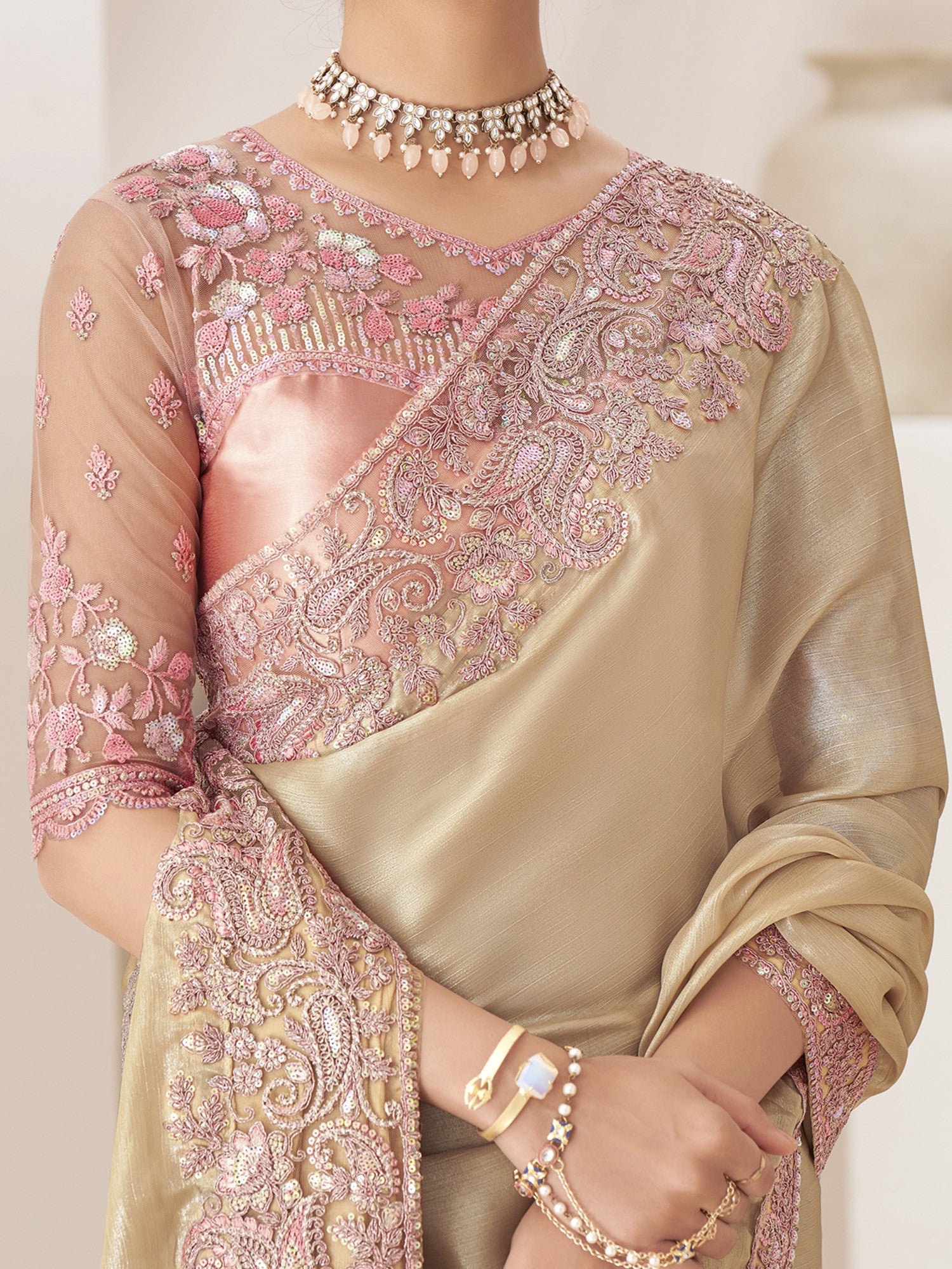 Women's Pure Chiffon White Embellished Designer Saree with Blouse Piece