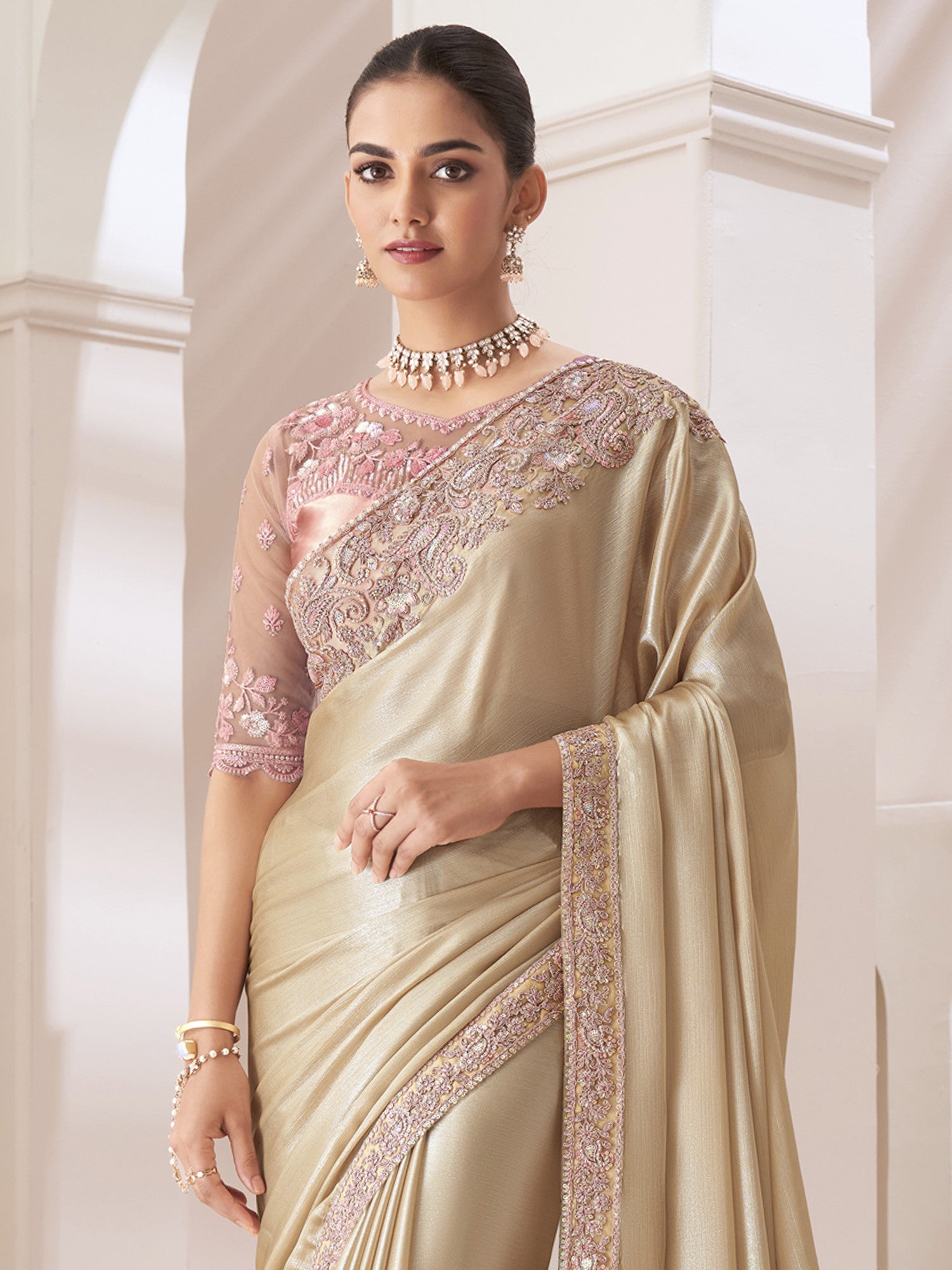 Women's Pure Chiffon White Embellished Designer Saree with Blouse Piece