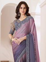 Women's Pure Chiffon Purple Embellished Designer Saree with Blouse Piece