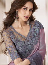 Women's Pure Chiffon Purple Embellished Designer Saree with Blouse Piece