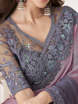 Women's Pure Chiffon Purple Embellished Designer Saree with Blouse Piece