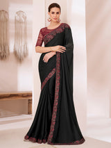 Women's Pure Chiffon Black Embellished Designer Saree With Blouse Piece
