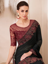 Women's Pure Chiffon Black Embellished Designer Saree With Blouse Piece
