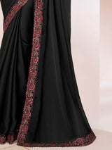 Women's Pure Chiffon Black Embellished Designer Saree With Blouse Piece