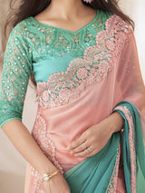 Women's Pure Chiffon Orange Embellished Designer Saree with Blouse Piece
