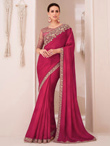 Women's Pure Chiffon Pink Embellished Designer Saree With Blouse Piece