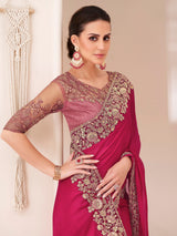 Women's Pure Chiffon Pink Embellished Designer Saree With Blouse Piece