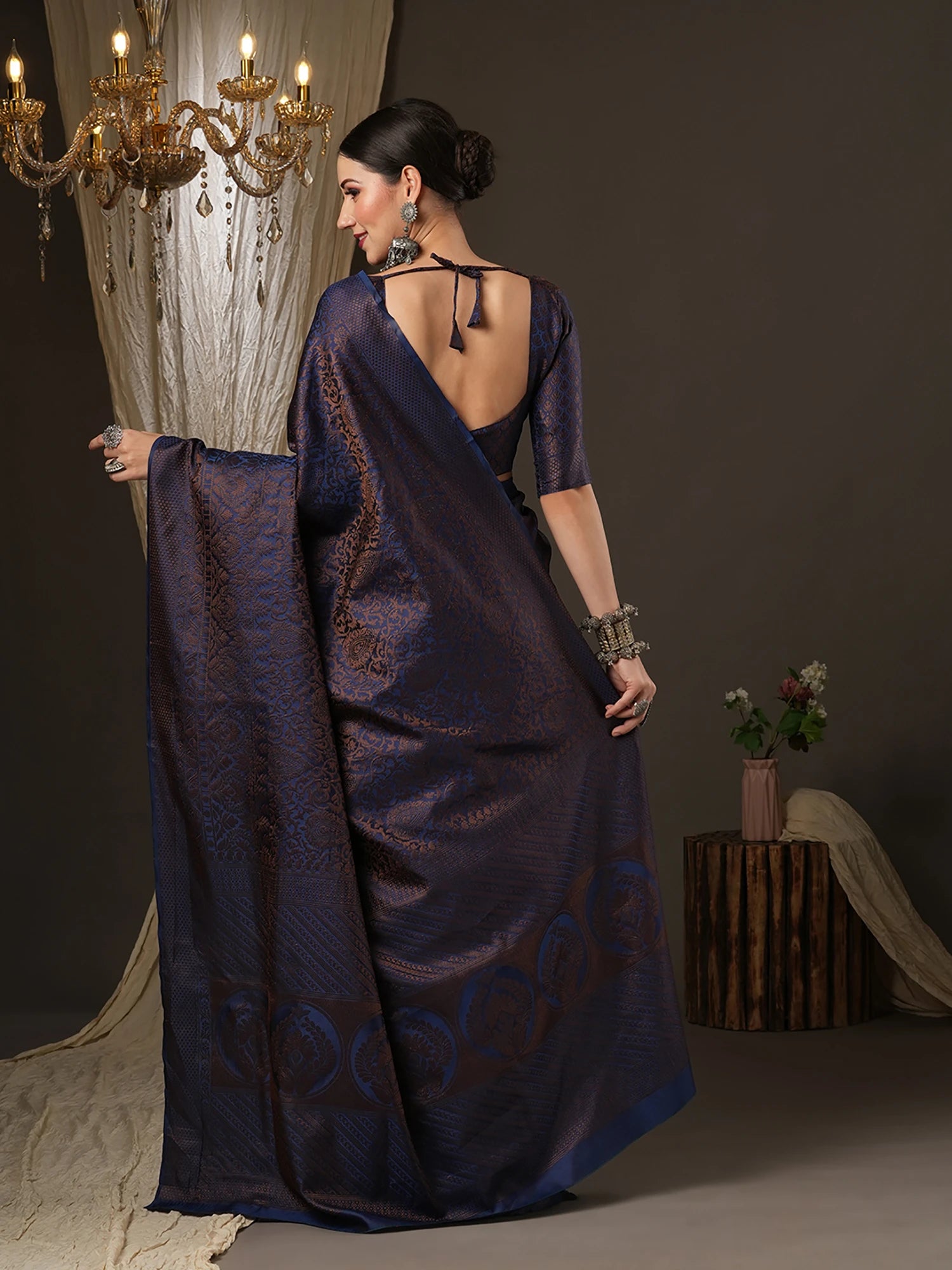 Women's Silk Blend Navy Woven Design Designer Saree with Blouse Piece