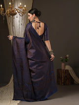 Women's Silk Blend Navy Woven Design Designer Saree with Blouse Piece