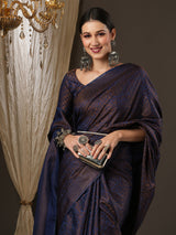 Women's Silk Blend Navy Woven Design Designer Saree with Blouse Piece