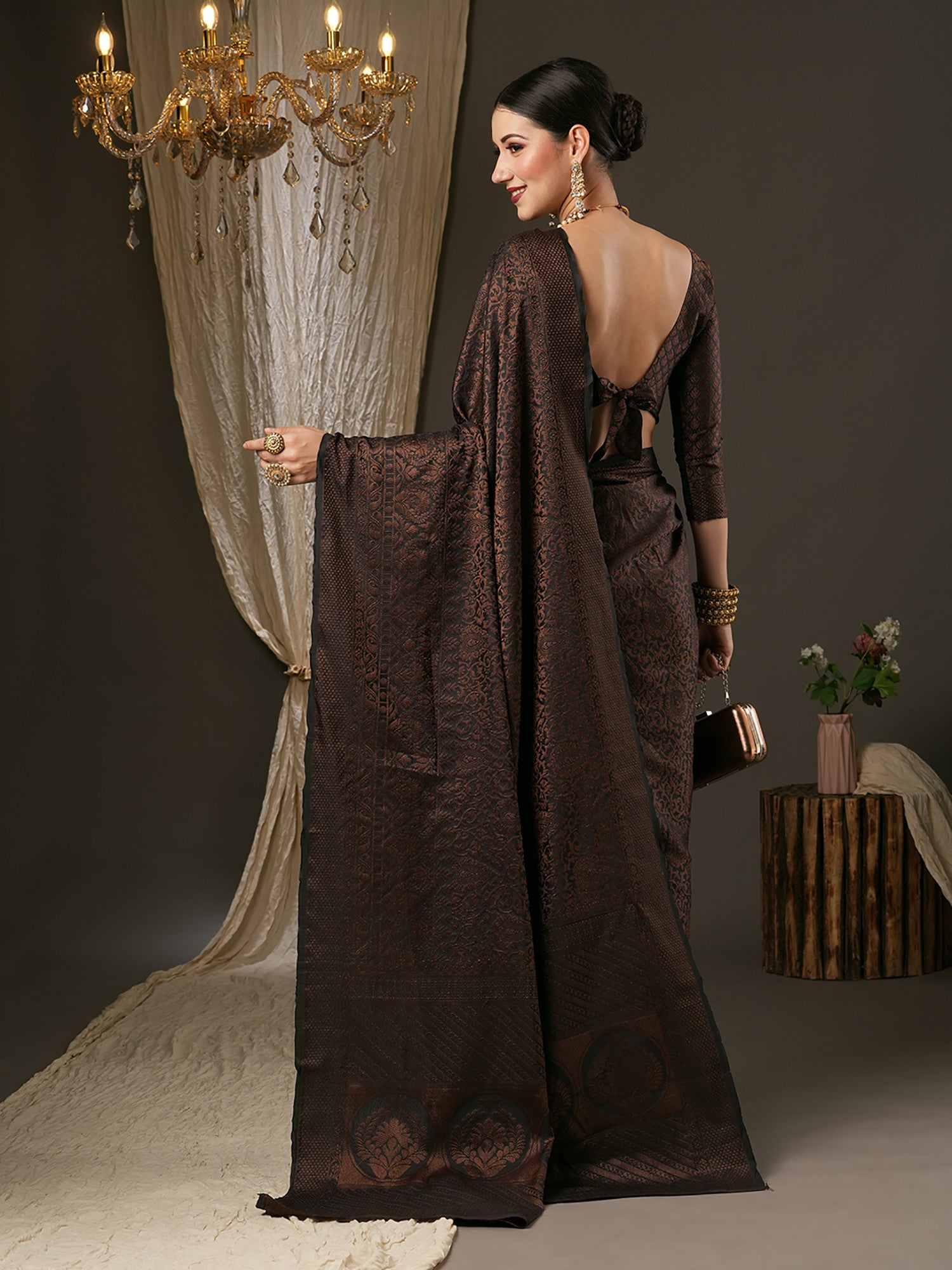 Women's Silk Blend Black Woven Design Designer Saree with Blouse Piece
