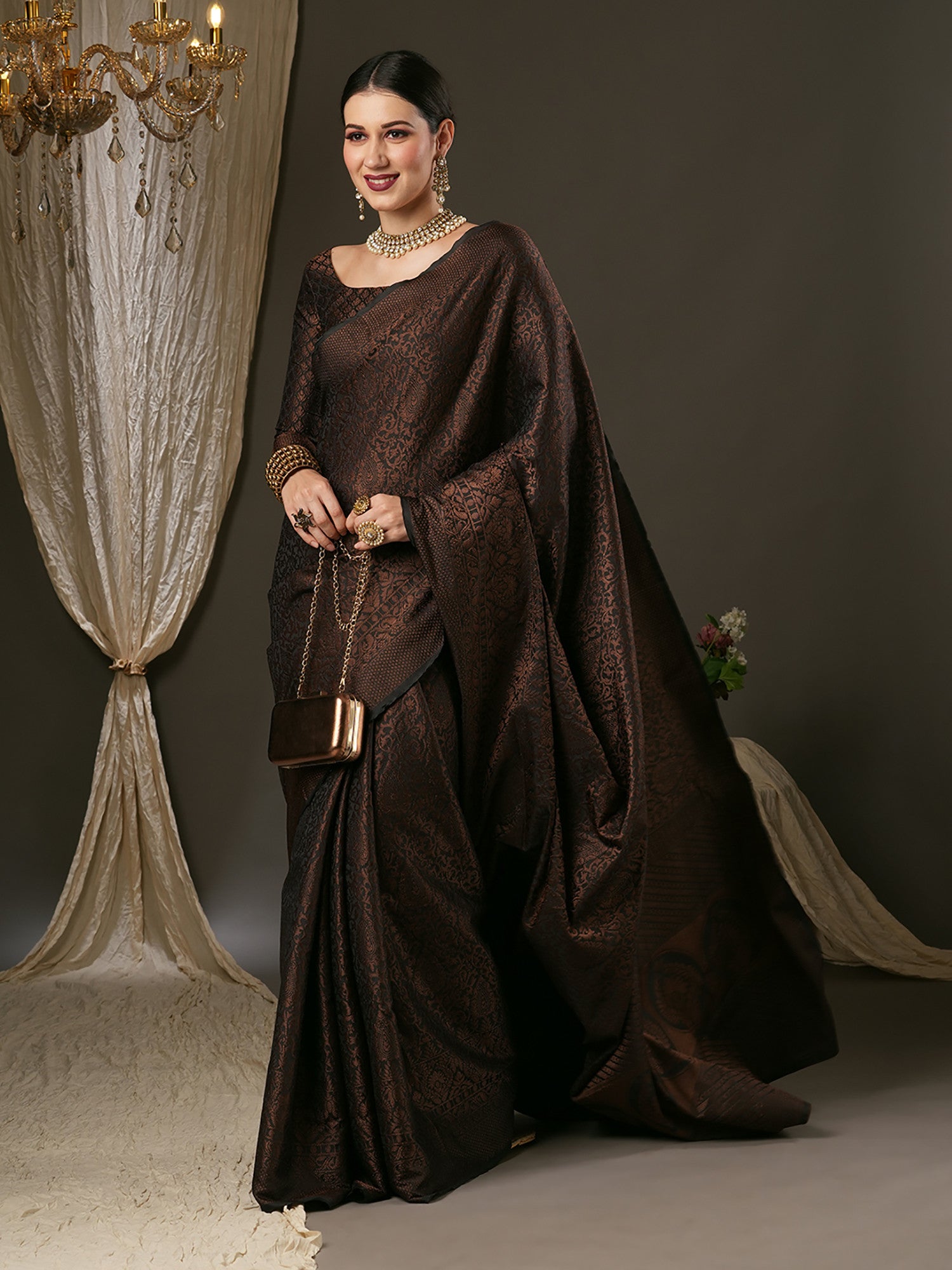 Women's Silk Blend Black Woven Design Designer Saree with Blouse Piece