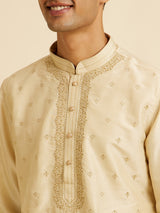 Men's Beige Ethnic Relaxed Fit Embroidered Full Sleeves Kurta Set
