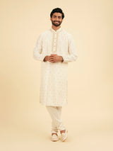 Men's White Ethnic Relaxed Fit Embroidered Full Sleeves Kurta Set