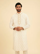 Men's White Ethnic Relaxed Fit Embroidered Full Sleeves Kurta Set