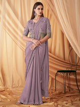 Women's Georgette Purple Embellished Designer Saree with Blouse Piece