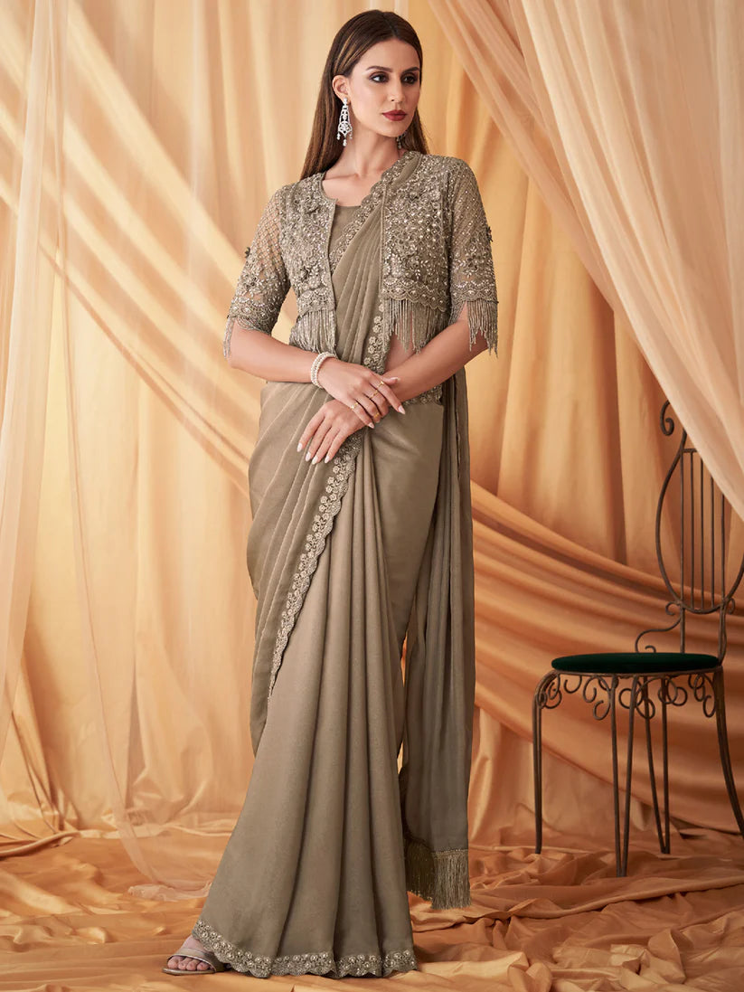 Women's Georgette Grey Embellished Designer Saree with Blouse Piece
