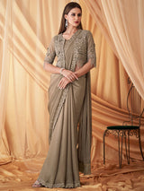 Women's Georgette Grey Embellished Designer Saree with Blouse Piece