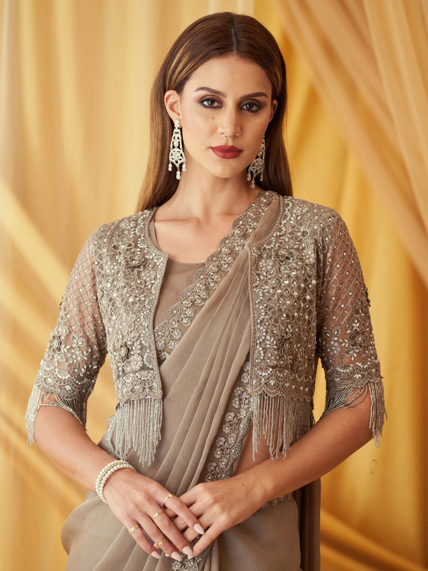 Women's Georgette Grey Embellished Designer Saree with Blouse Piece