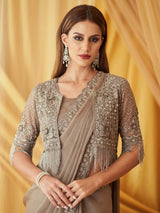 Women's Georgette Grey Embellished Designer Saree with Blouse Piece