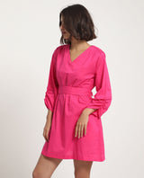 Women's Spate Pink Cotton Fabric 3/4Th Sleeves V-Neck Regular Fit Plain Short A-Line Dress