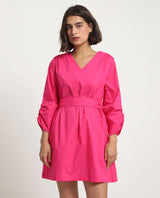 Women's Spate Pink Cotton Fabric 3/4Th Sleeves V-Neck Regular Fit Plain Short A-Line Dress
