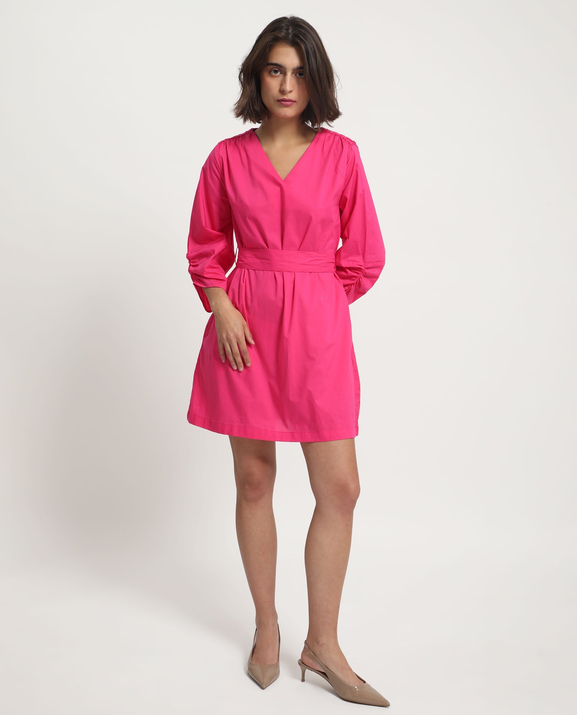 Women's Spate Pink Cotton Fabric 3/4Th Sleeves V-Neck Regular Fit Plain Short A-Line Dress