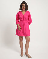 Women's Spate Pink Cotton Fabric 3/4Th Sleeves V-Neck Regular Fit Plain Short A-Line Dress