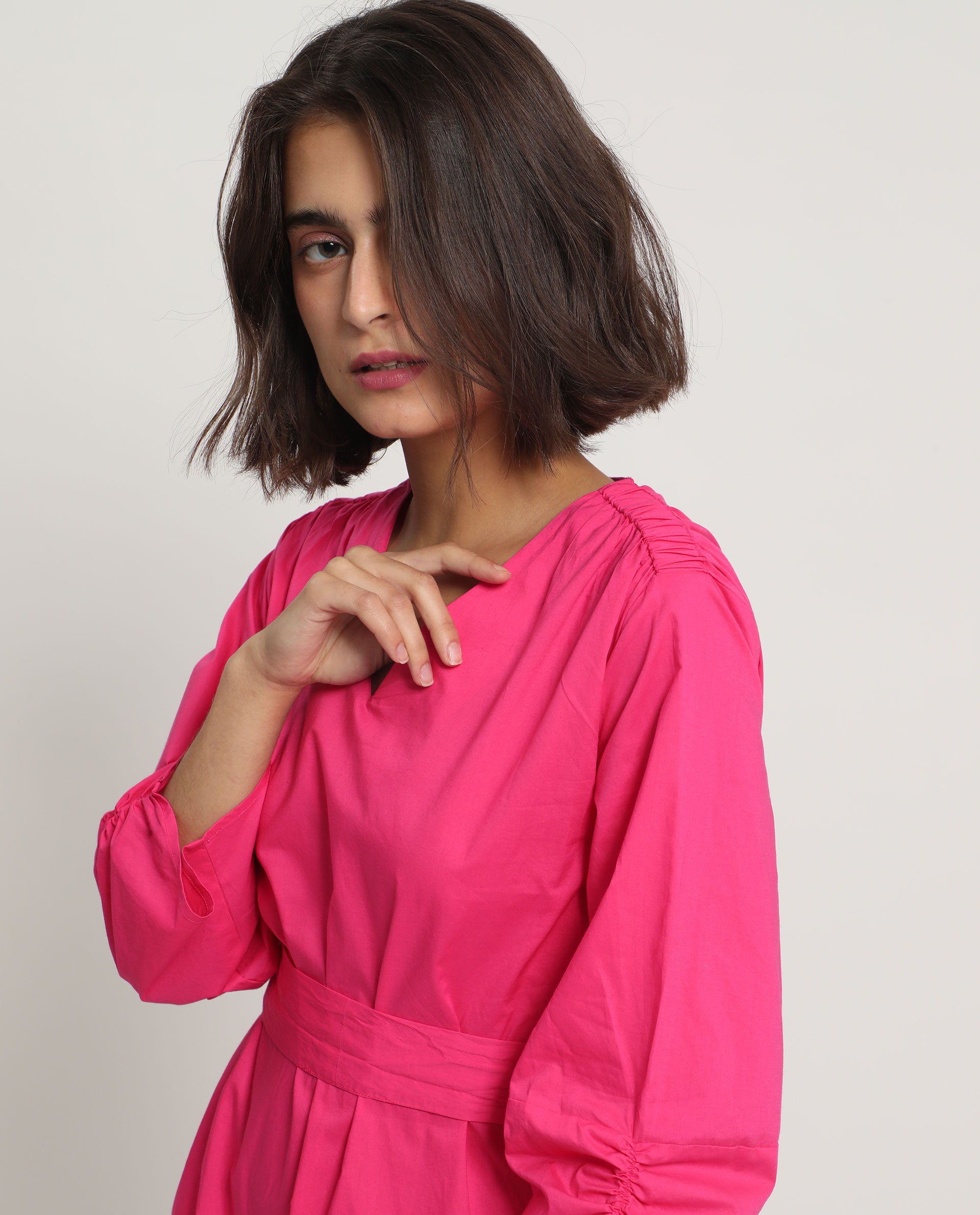 Women's Spate Pink Cotton Fabric 3/4Th Sleeves V-Neck Regular Fit Plain Short A-Line Dress