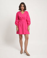 Women's Spate Pink Cotton Fabric 3/4Th Sleeves V-Neck Regular Fit Plain Short A-Line Dress