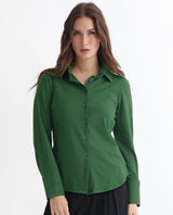 Women's Spie Green Regular Sleeve Shirt Collar Solid Shirt