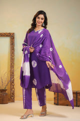 Women's Purple Fusion Regular Fit Embroidered Three Quarter Sleeves Kurtas Sets