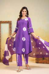 Women's Purple Fusion Regular Fit Embroidered Three Quarter Sleeves Kurtas Sets