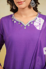 Women's Purple Fusion Regular Fit Embroidered Three Quarter Sleeves Kurtas Sets