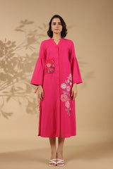 Women's Pink Work Regular Fit Embroidered Full Sleeves Dress