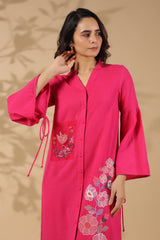 Women's Pink Work Regular Fit Embroidered Full Sleeves Dress