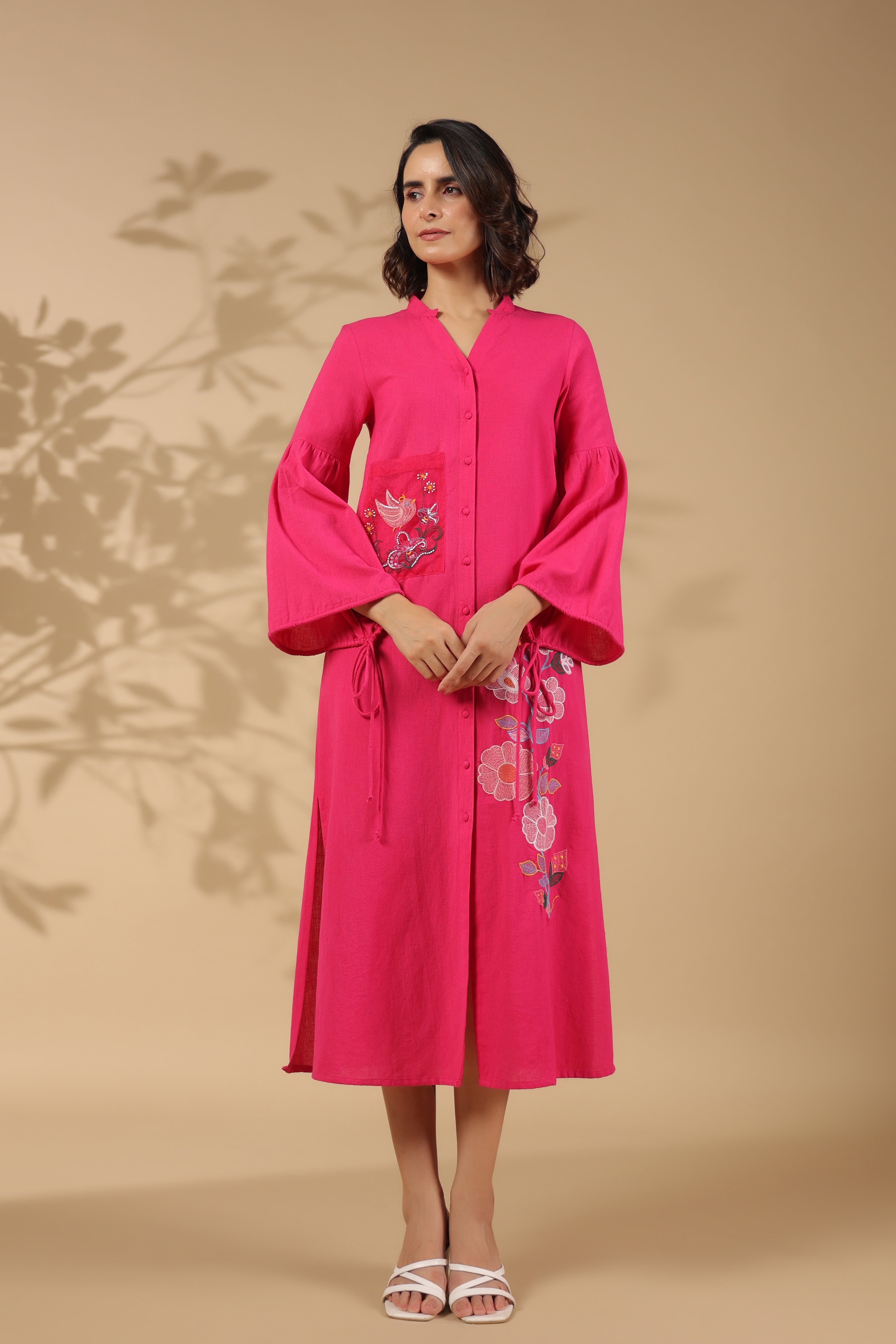 Women's Pink Work Regular Fit Embroidered Full Sleeves Dress