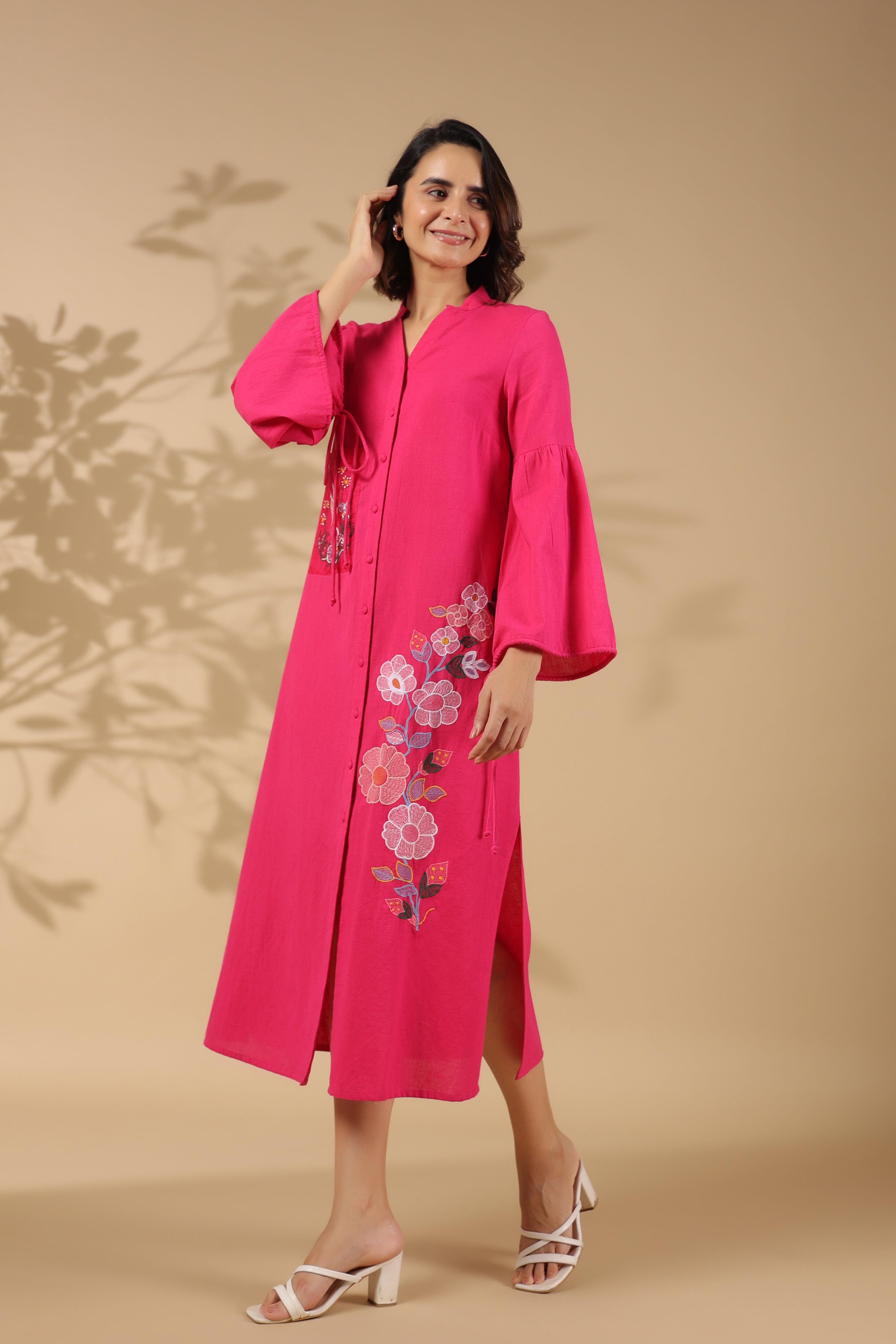 Women's Pink Work Regular Fit Embroidered Full Sleeves Dress