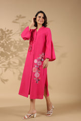 Women's Pink Work Regular Fit Embroidered Full Sleeves Dress