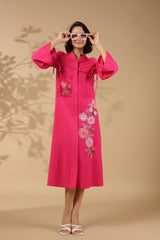 Women's Pink Work Regular Fit Embroidered Full Sleeves Dress