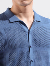 Men's Blue Casual Slim Fit Textured Half Sleeves Shirt