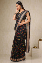 Women's Black Cotton Blend Floral Print Saree