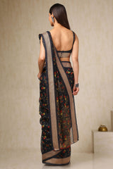 Women's Black Cotton Blend Floral Print Saree