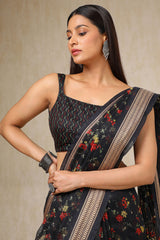 Women's Black Cotton Blend Floral Print Saree