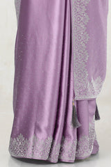 Women's Lavender Satin Saree With Stone Work