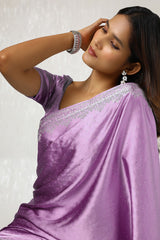 Women's Lavender Satin Saree With Stone Work