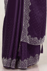 Women's Purple Satin Saree With Stone Work