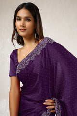 Women's Purple Satin Saree With Stone Work